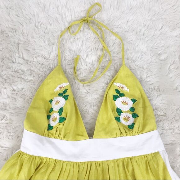 FANM MON Yamile 100% Linen Halter‎ Midi Dress Floral Embroidered Yellow XL New - Picture 3 of 14